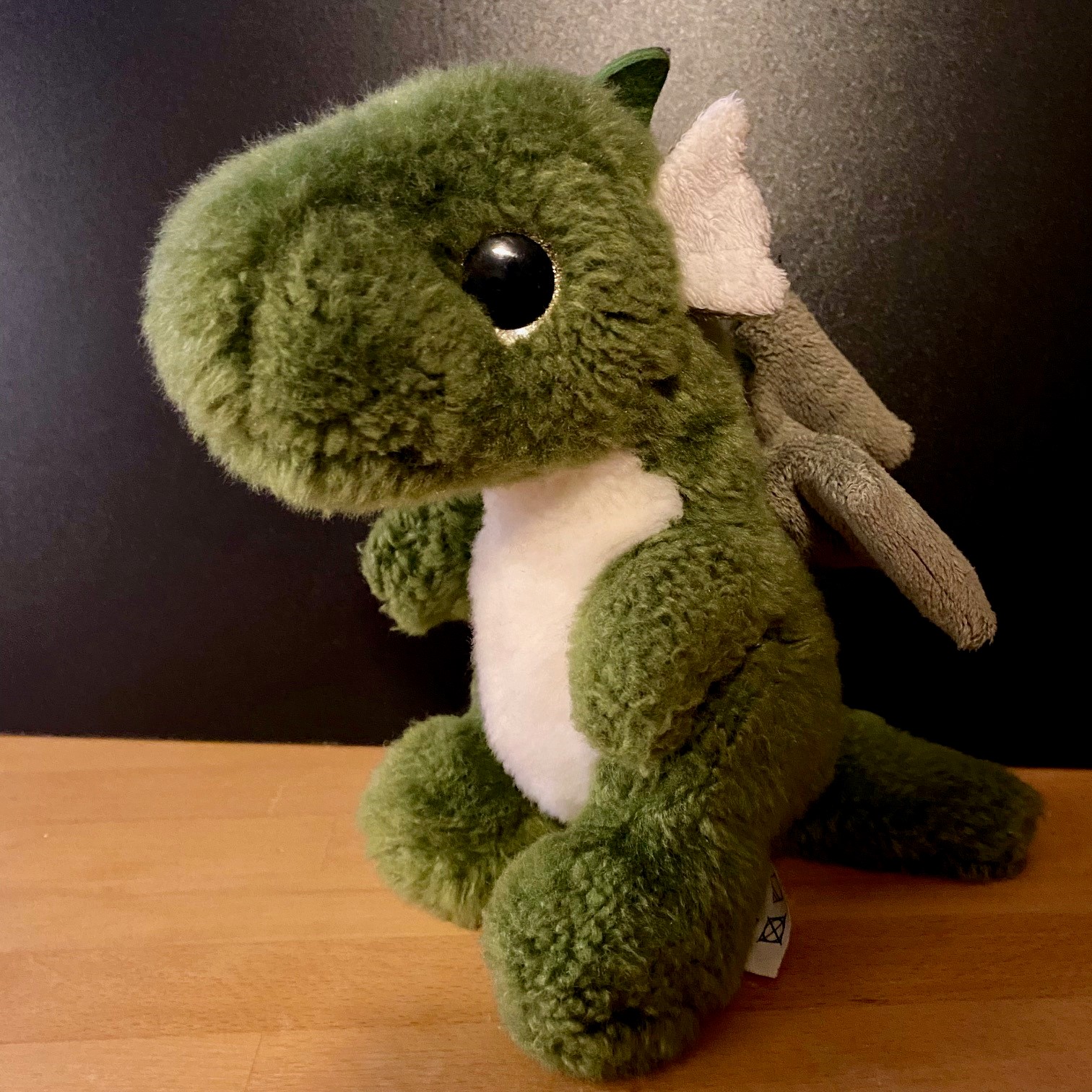 A soft toy dragon that is green and grey. He looks kind. Photo: Diane Turner