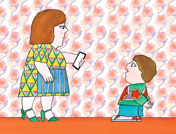 An illustration from the updated picture book Not Now, Bernard, by David McKee, shows a cross mother with smartphone in hand. Photograph: Andersen Press